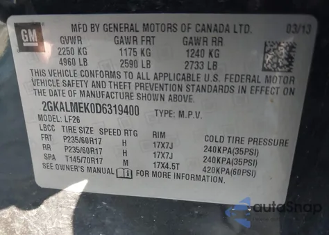 2013 GMC Terrain Sle-1 from USA, damaged, VIN 2GKALMEK0D6319400